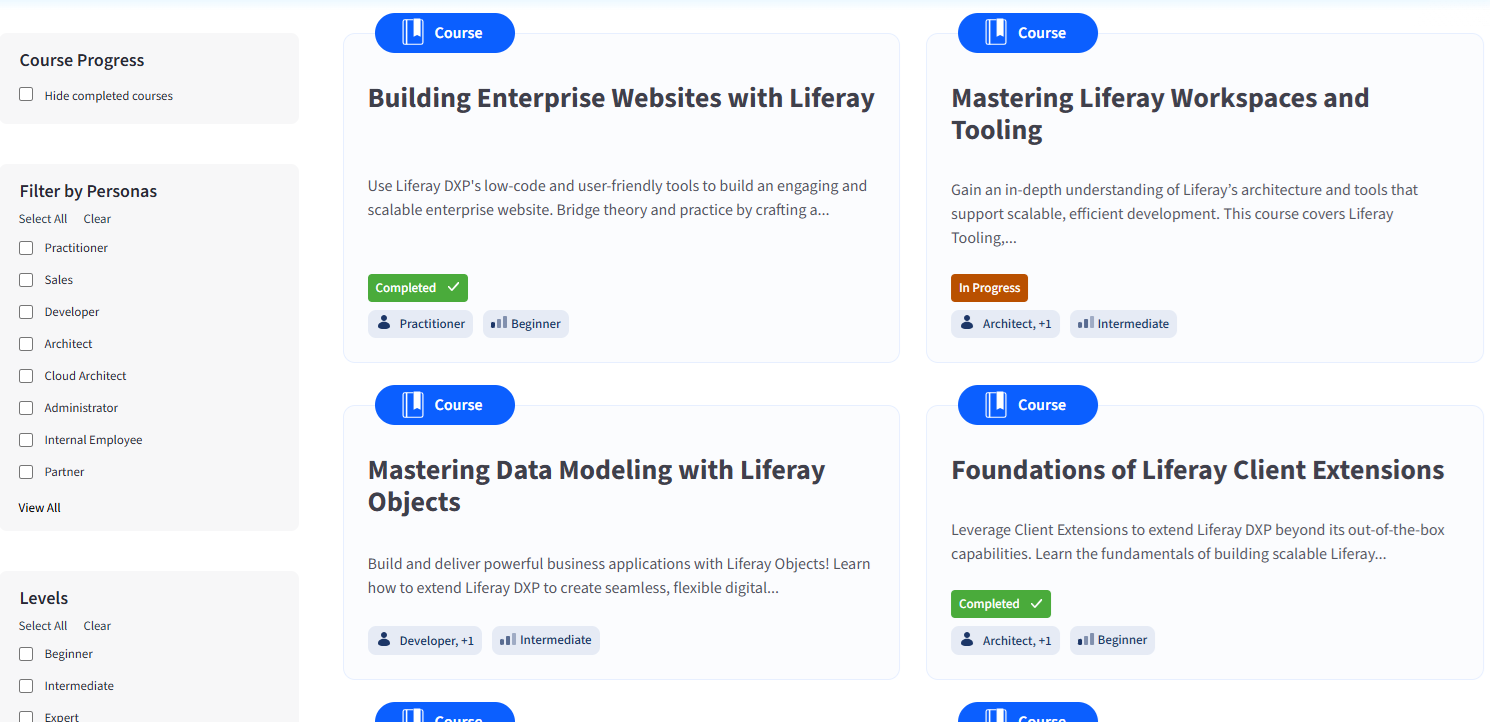 Screenshot of the Liferay course catalog