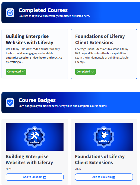 Screenshot of a user's profile showing completed courses and earned badges